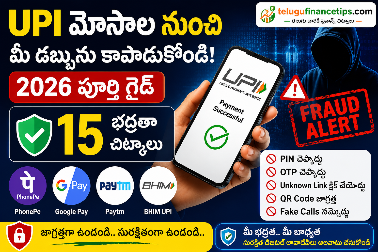 UPI Fraud Alert 2026 Telugu - PhonePe, Google Pay, Paytm UPI మోసాల నుంచి మీ డబ్బును కాపాడే 15 ముఖ్యమైన భద్రతా చిట్కాలు | telugufinancetips.com